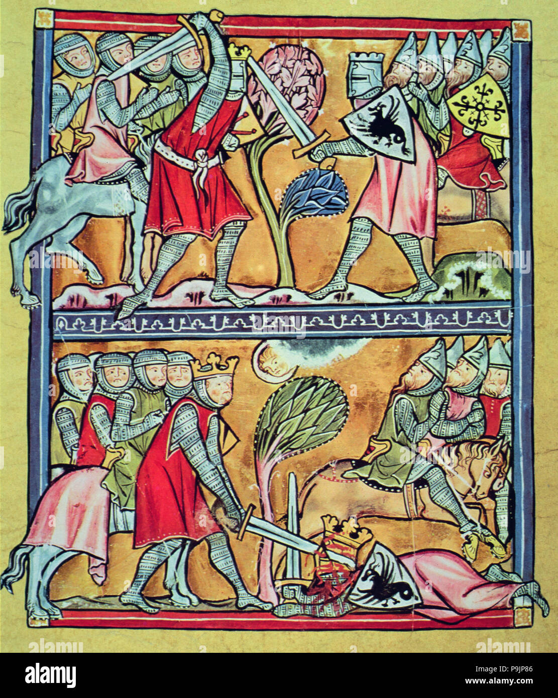 Bekämpfung von Karl dem Großen mit den Paladinen gegen die Sarazenen, Miniatur im "Charlemagne" und die ... Stockfoto