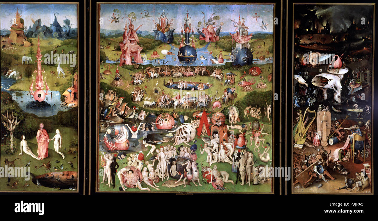 "Der Garten der Lüste", komplette Triptychon von Hieronymus Bosch. Stockfoto