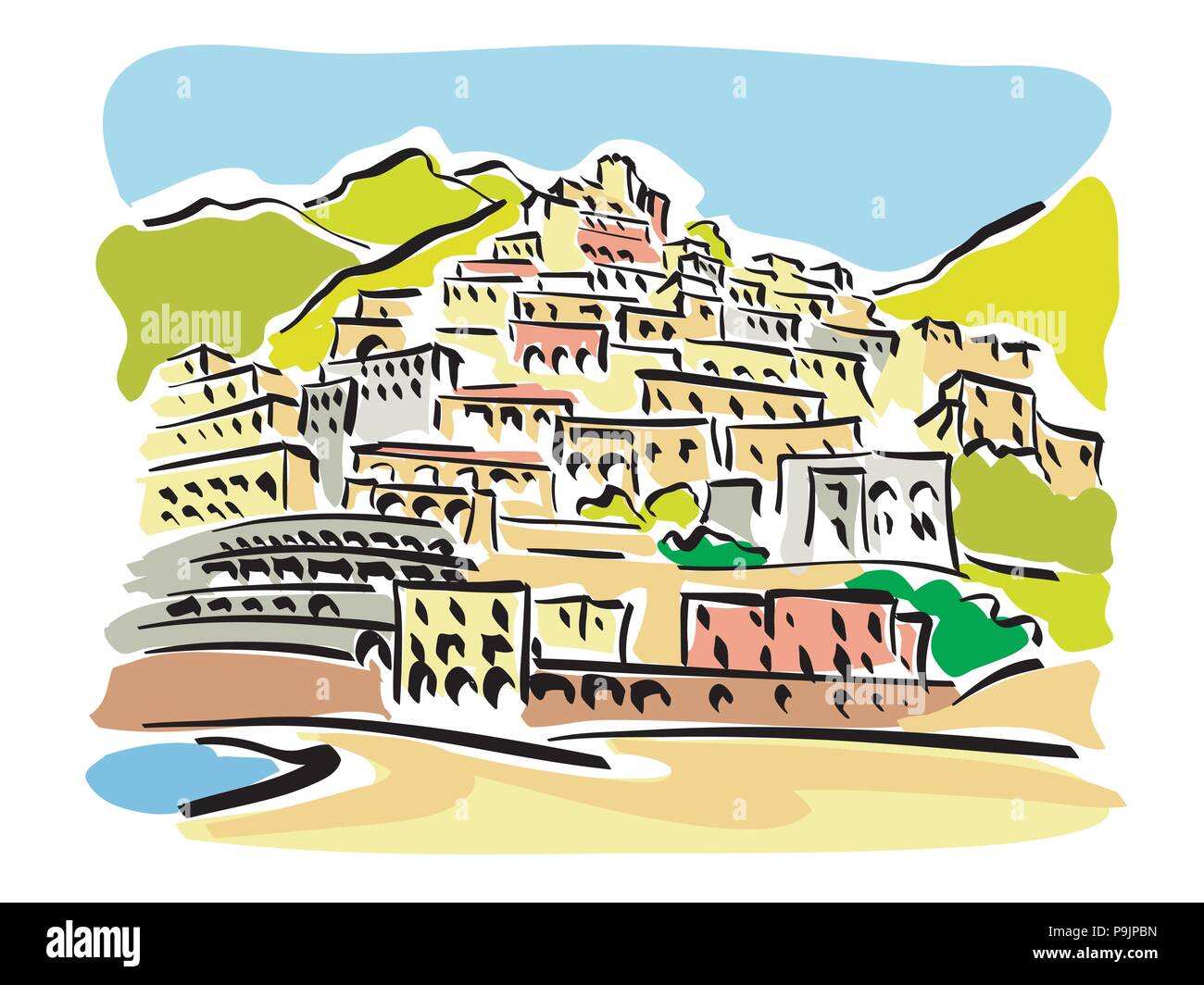 Vector Illustration einer Panoramasicht auf das berühmte Touristen Resort von Positano in Italien Stock Vektor