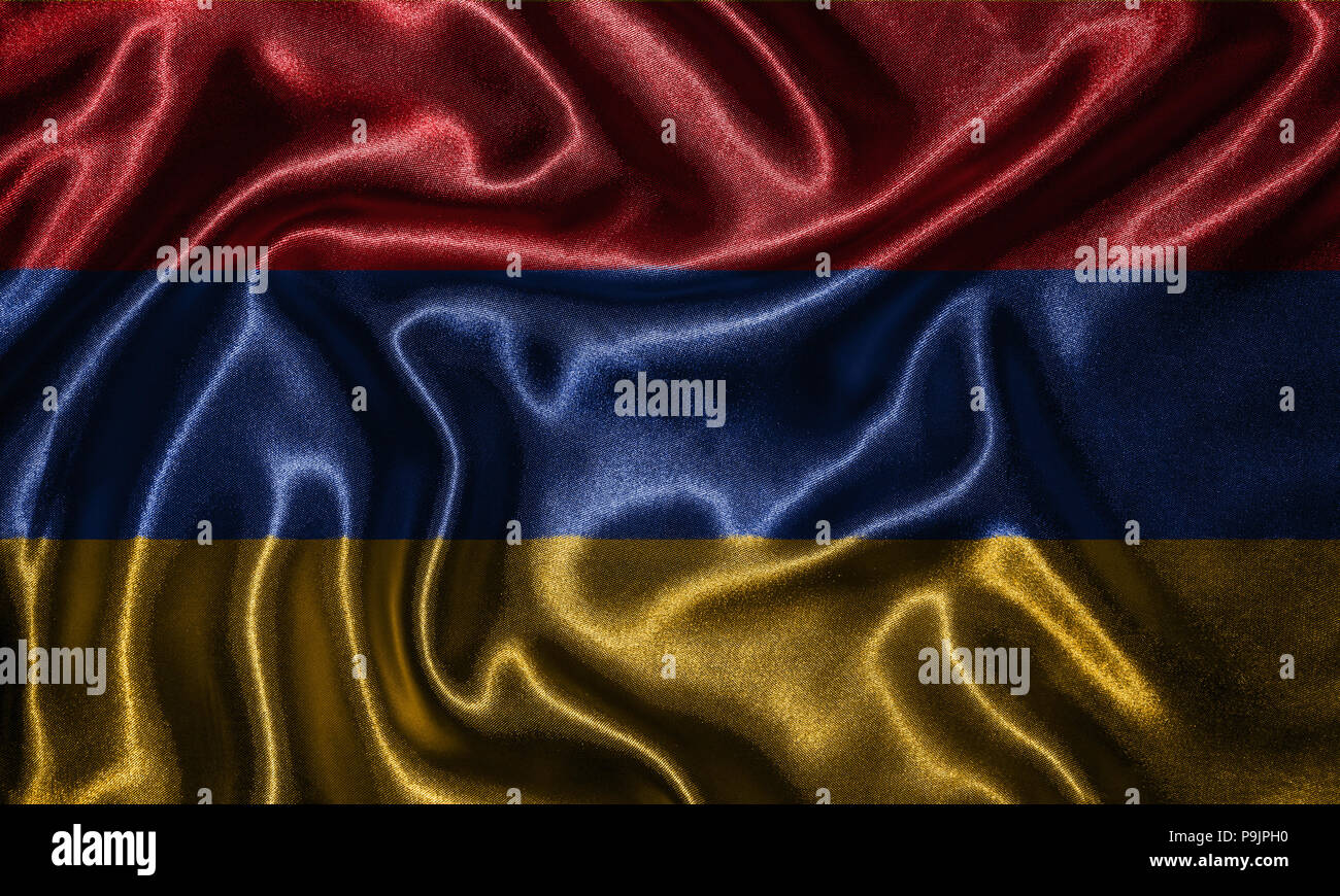 Armenien Fahne - Fabric Flagge von Armenien Land-, Hintergrund- und Hintergrundbild von wehende Flagge von Textilien. Stockfoto