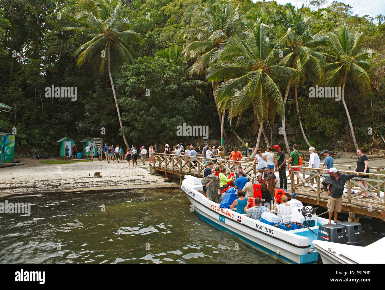 Massen von Menschen kommen Sie mit einem cayo oder Rock Island, Los Haitises National Park, Provinz Samana, Dominikanische Republik Stockfoto