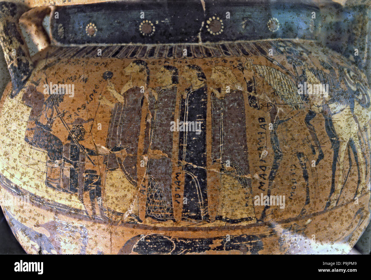 Detail der Krater mit Säulen, stellt die Mission des Menelaos und Ulysses zu Troy zu … Stockfoto