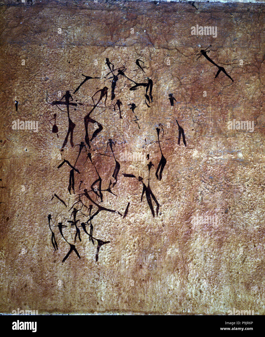 Jagdszene. Detail der anthropomorphen Figuren. Bildliche Zusammenstellung der Jagd drawin… Stockfoto