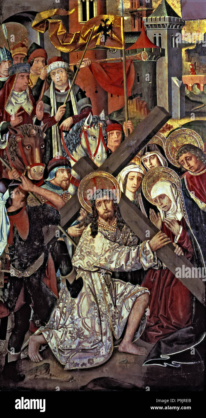Altarbild des Heiligen Kreuzes. Christus Weg nach Golgotha, temperamalerei von Martin Bernat. Stockfoto