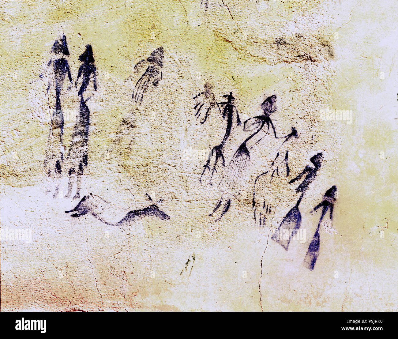 Höhlenmalereien, diese sind typisch für die levantiner Kunst im Roca dels Moros gefunden oder Cogull Cav... Stockfoto
