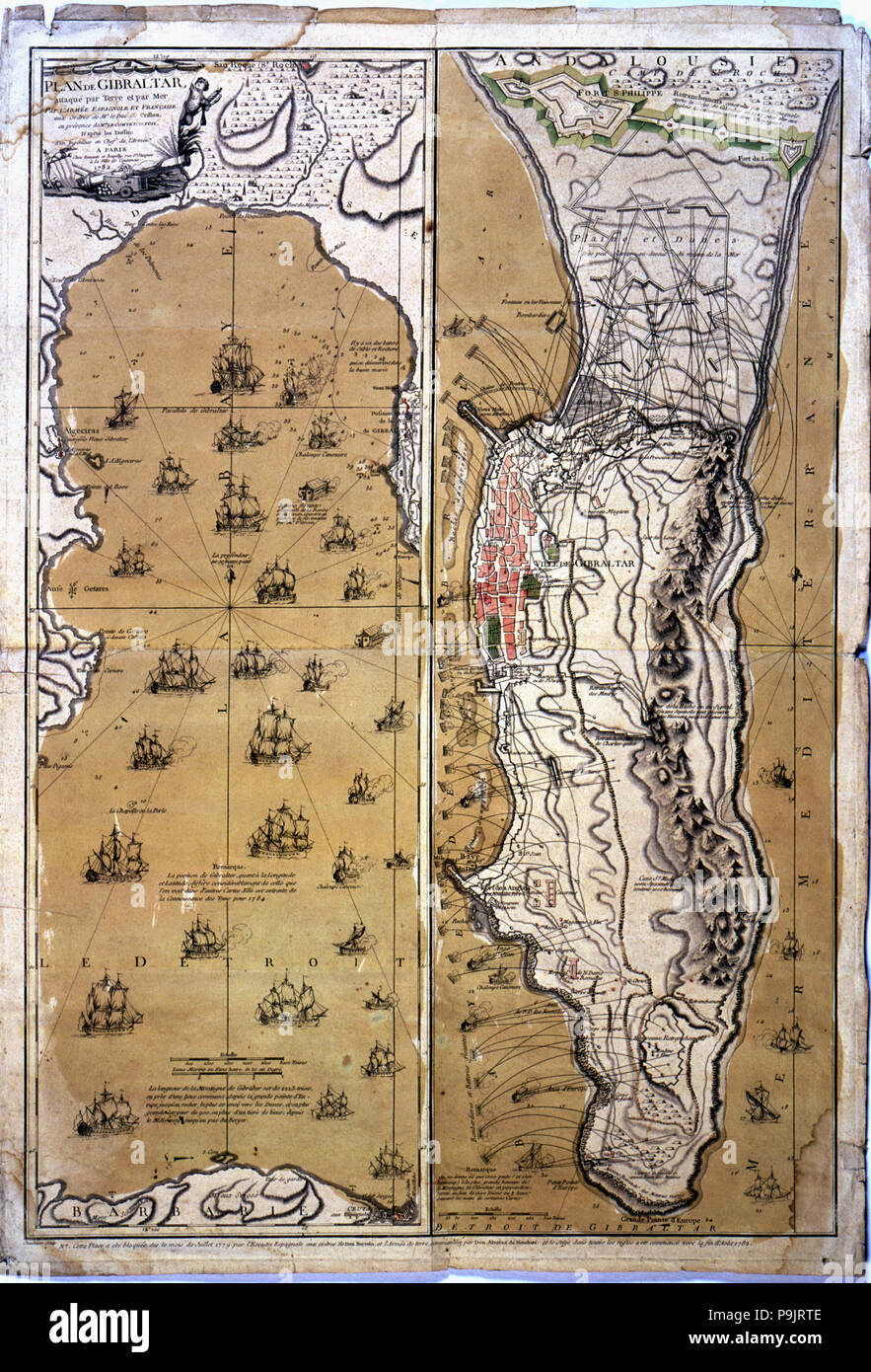Farbige Zeichnung auf die Bucht und das Gebiet von Gibraltar während der Seeschlacht, dass Spanien und ... Stockfoto