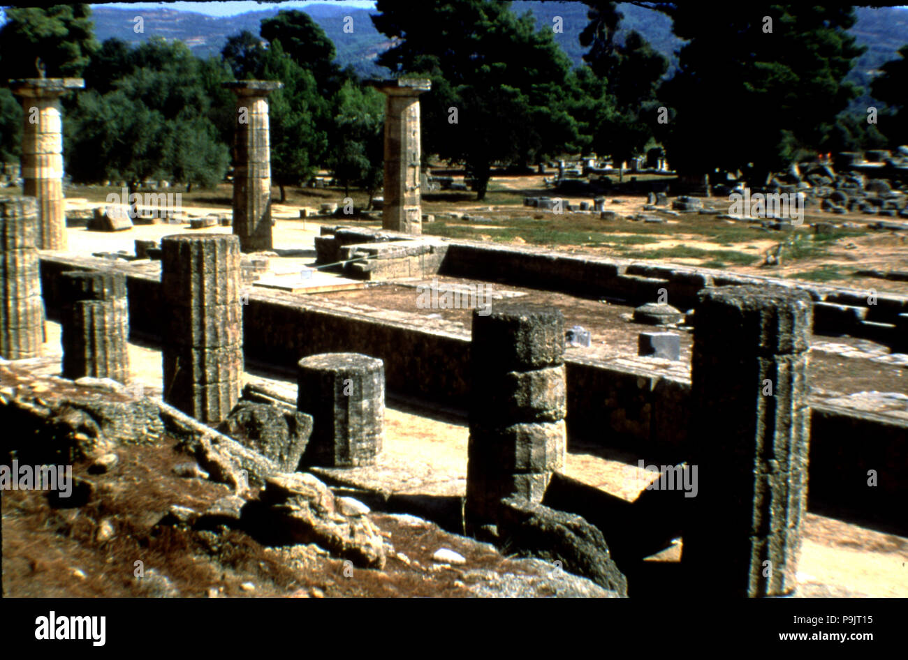 Blick auf die dorischen Säulen von Olympia. Stockfoto