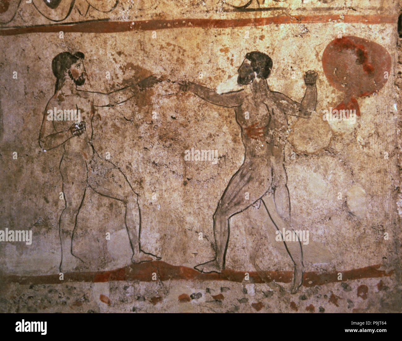 Kampf oder Boxkampf. Griechische Malerei italic beeinflusst, von der Lukanische Grab von Paestum. Stockfoto