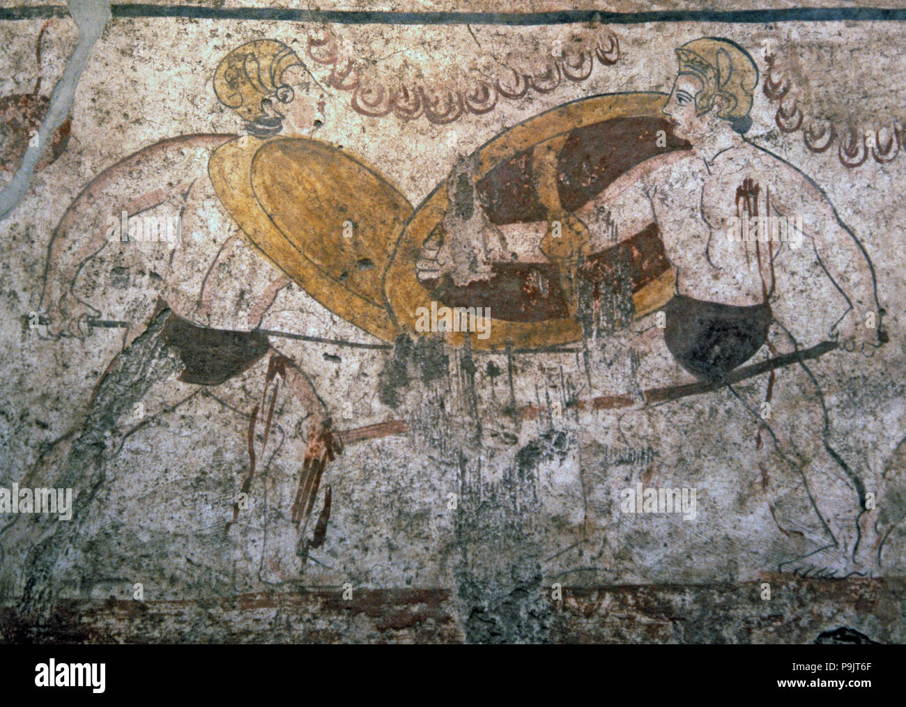 Gladiatoren Kampf. Griechische Malerei Italic beeinflusst, von der Lukanische Grab in Paestum. Stockfoto