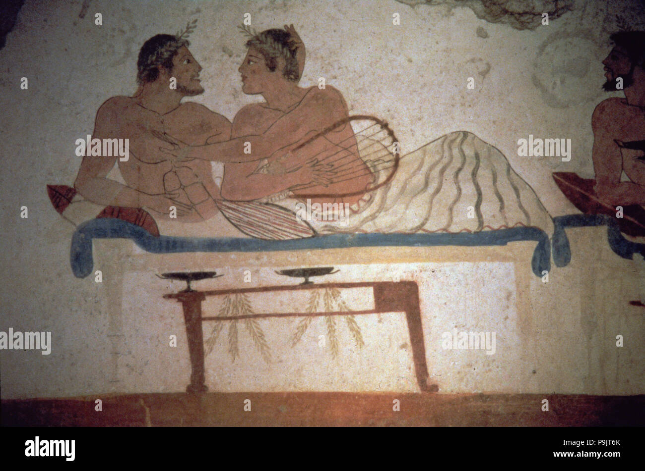 Und Veranstaltungsräume, in denen die Verstorbenen teilnimmt. Detail eines Gemäldes in der Jumper Grab in Paestum. Stockfoto