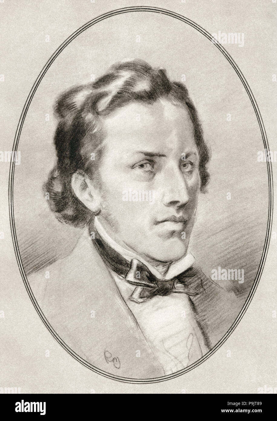 Frédéric François Chopin, 1810 - 1849. Der polnische Komponist und virtuoser Pianist der romantischen Epoche. Abbildung von Gordon Ross, US-amerikanischer Künstler und Illustrator (1873-1946), von lebenden Biographien der großen Komponisten. Stockfoto