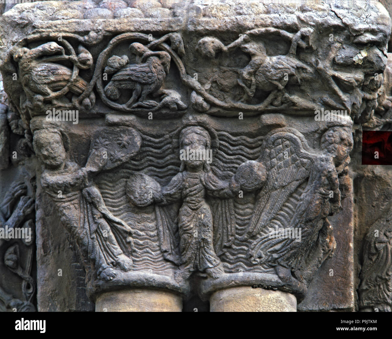 Hauptstadt der Kirche von Santo Domingo de Soria, Szene von Genesis, der Ewige Vater trennt t… Stockfoto