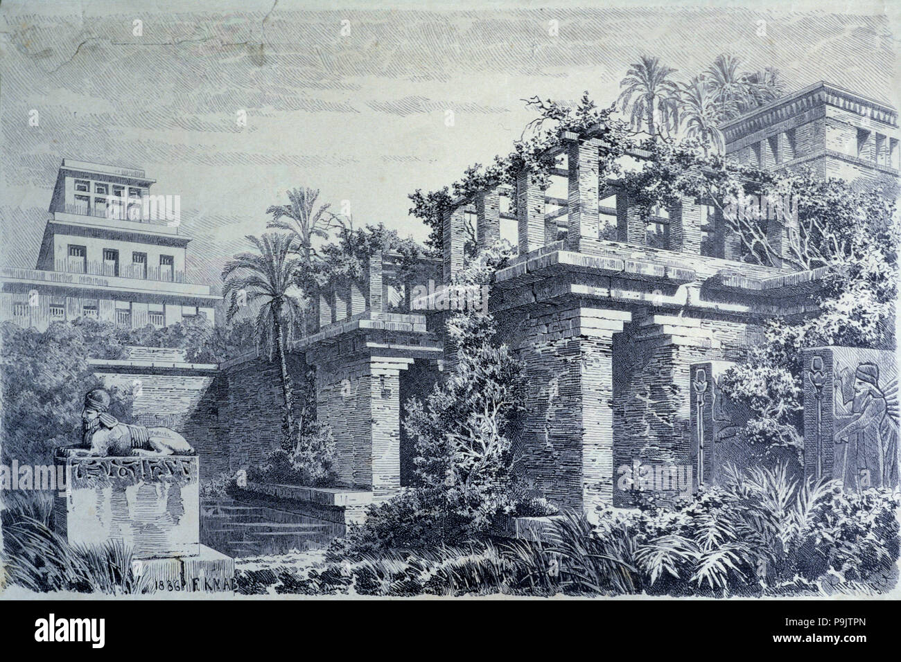 Die sieben Wunder der Welt, hängende Gärten auf Terrassen im Palast Nebukadnezars in Ba... Stockfoto