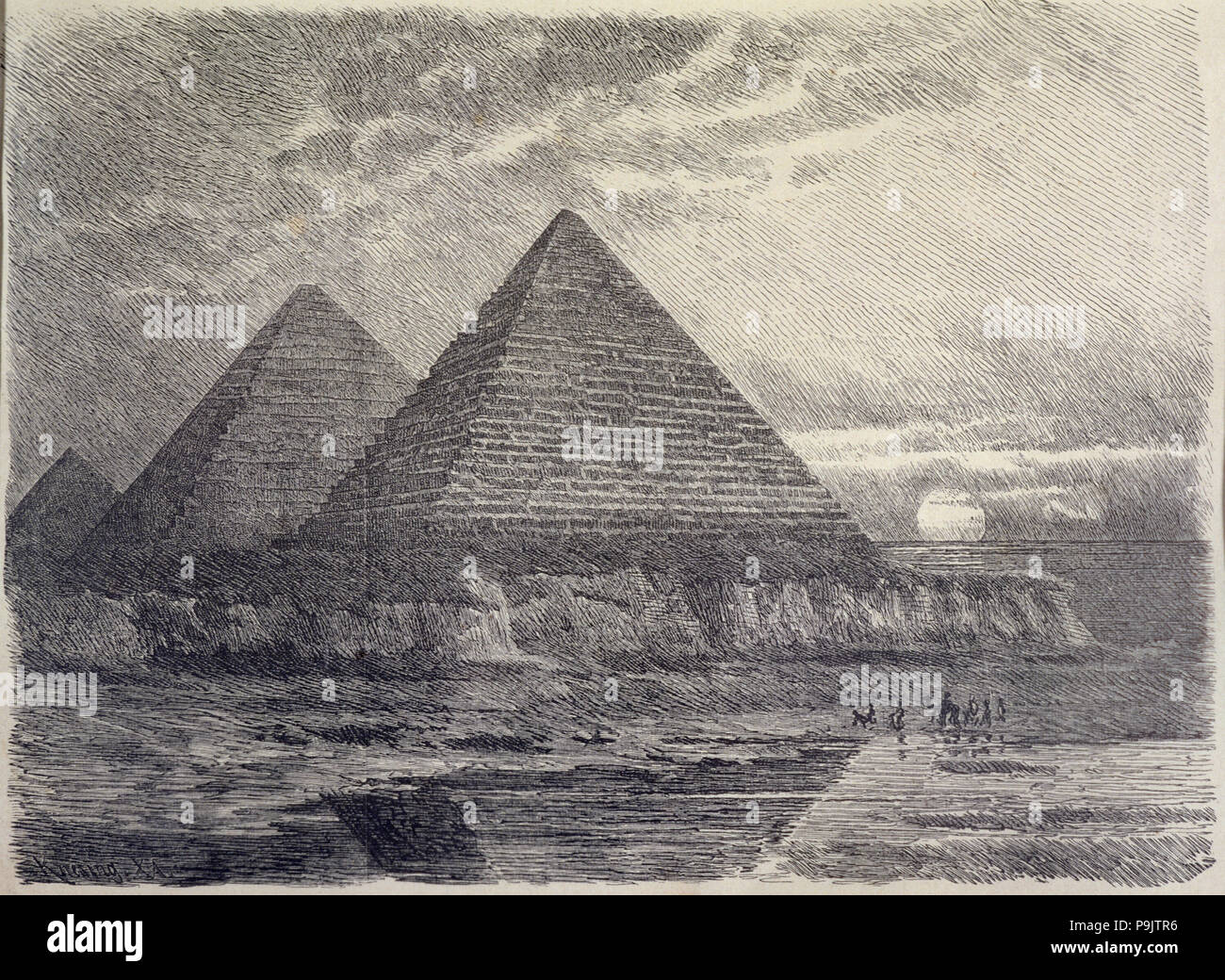 Pyramiden von Ägypten, Deutsche Gravur von 1886, ist eines der sieben Wunder der Welt. Stockfoto