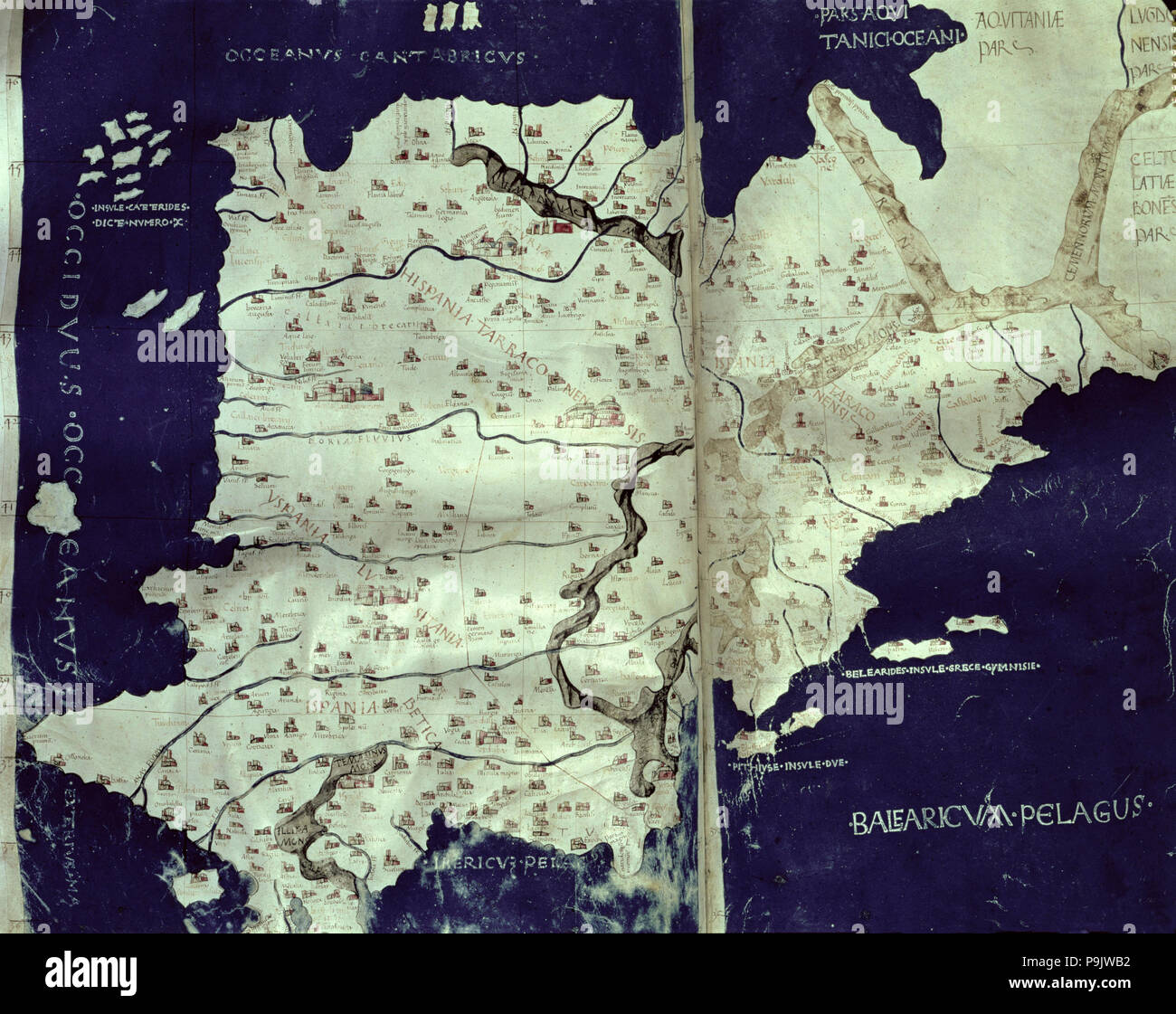 'Map von Hispania", Gravur im Buch "Cosmographia", Manuskript von 1456, Kopie der Karte von Cl... Stockfoto