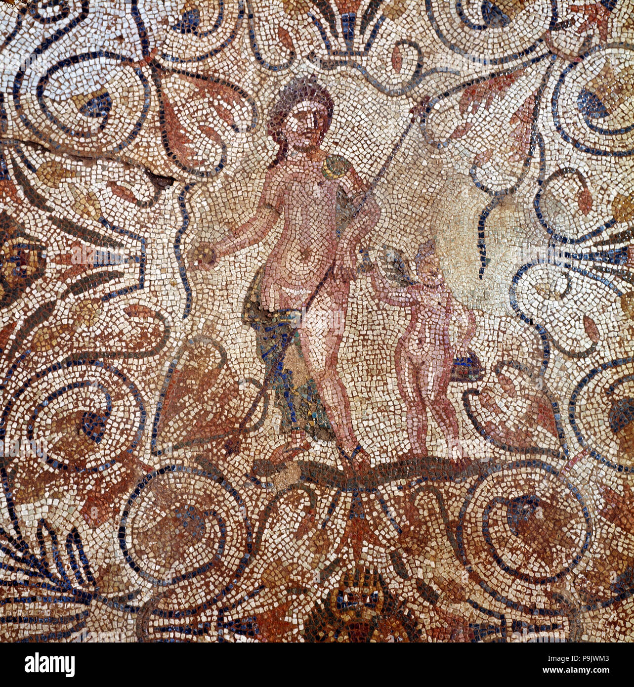 Mosaik, Detail aus dem Mosaik in einem Zimmer der Römischen Haus in Merida Amphitheater. Stockfoto