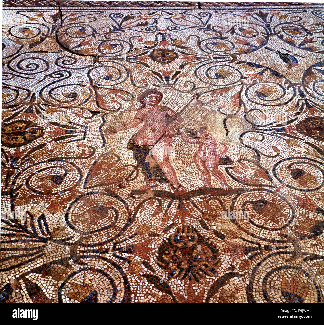 Mosaik, Detail aus dem Mosaik in einem Zimmer der Römischen Haus in Merida Amphitheater. Stockfoto