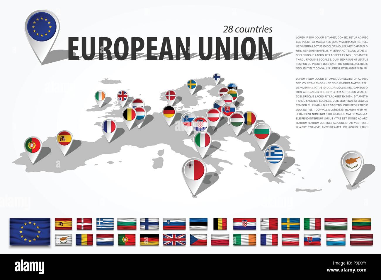 Europäische Union 28 Länder und GPS-Navigator Ort Stift mit National Flagge auf Perspektive Europa kontinent Karten. Und wellig Stil Flagge element Stock Vektor