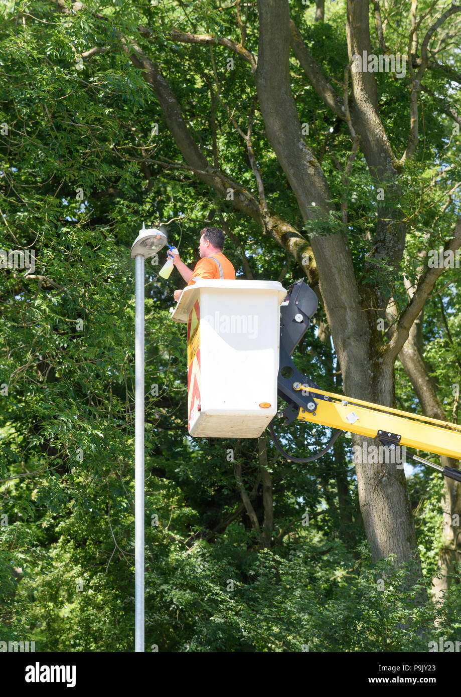 Ein Mann in einem pod reinigt eine Straßenlaterne. Stockfoto