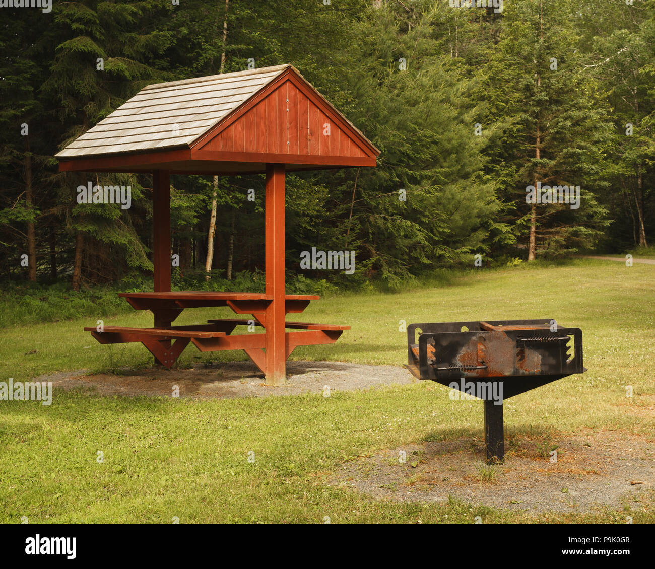 Grill und überdachte Picknicktisch in ländlichen Park. Stockfoto