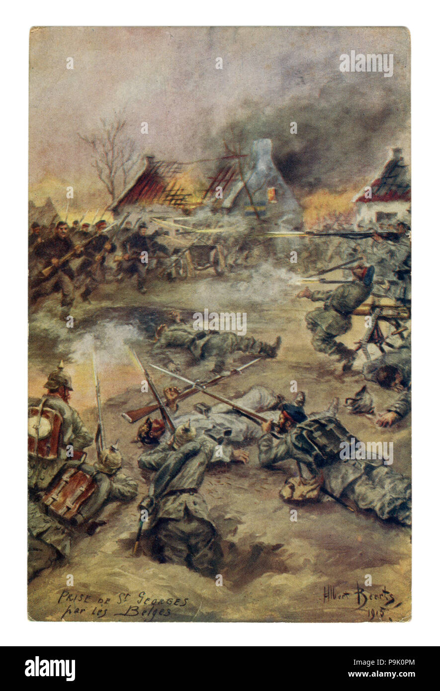 Französisch Historische Postkarte: Erfassung von Saint-Georges durch die Belgier. Der Angriff auf die Stadt von der Infanterie. Deutsche Truppen in der Verteidigung. Weltkrieg ein Stockfoto