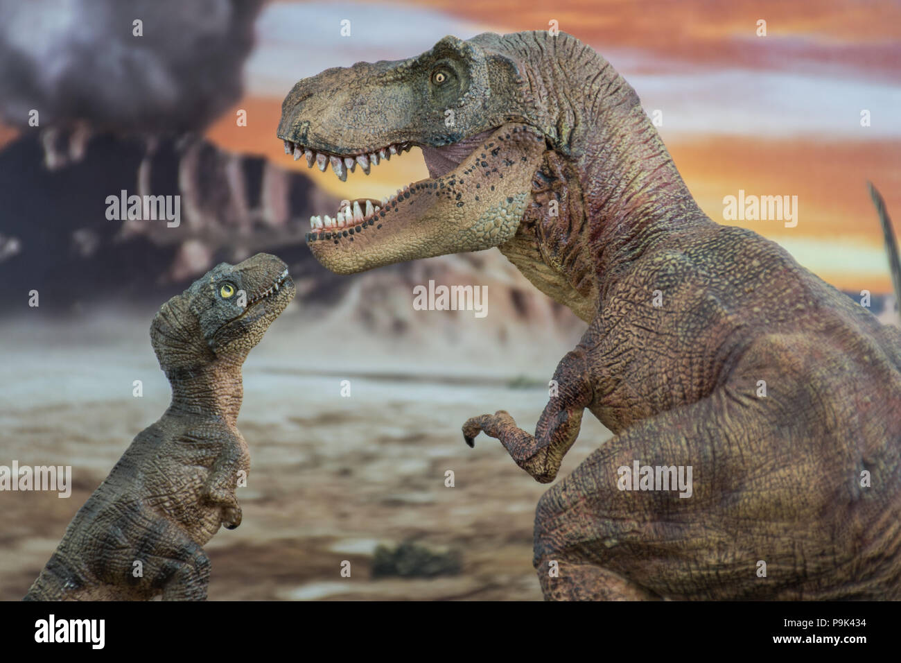 Tyrannosaurus rex mit Baby-T-Rex mit Jurassic land im Hintergrund Stockfoto
