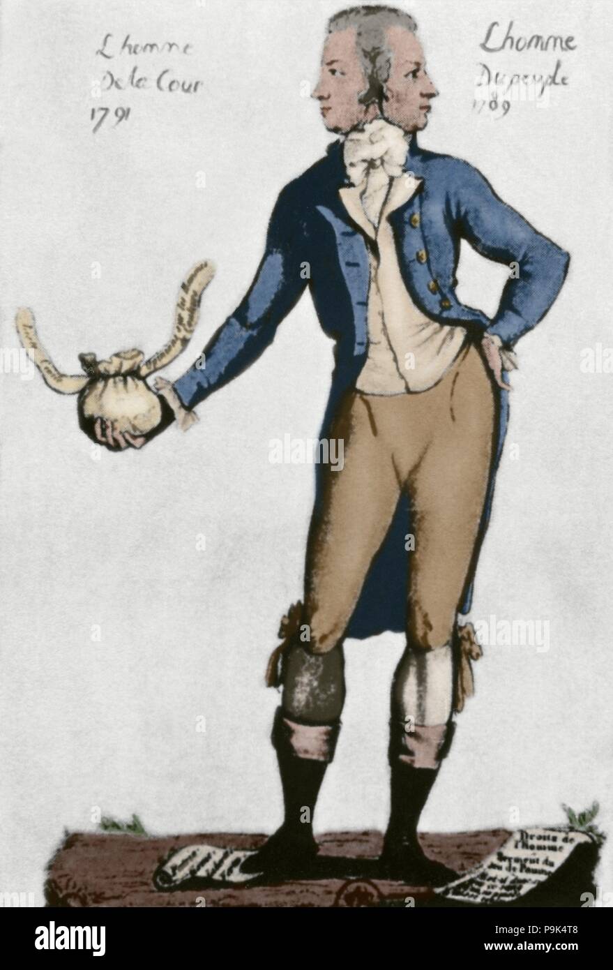 Französische Revolution (1789-1799). Karikatur, die die Mehrdeutigkeit der französischen Politiker Antoine Barnave (1761-1793), Revolutionär in 1789 und die Monarchische im Jahre 1791. Anonym, 18. Farbige Gravur. Stockfoto