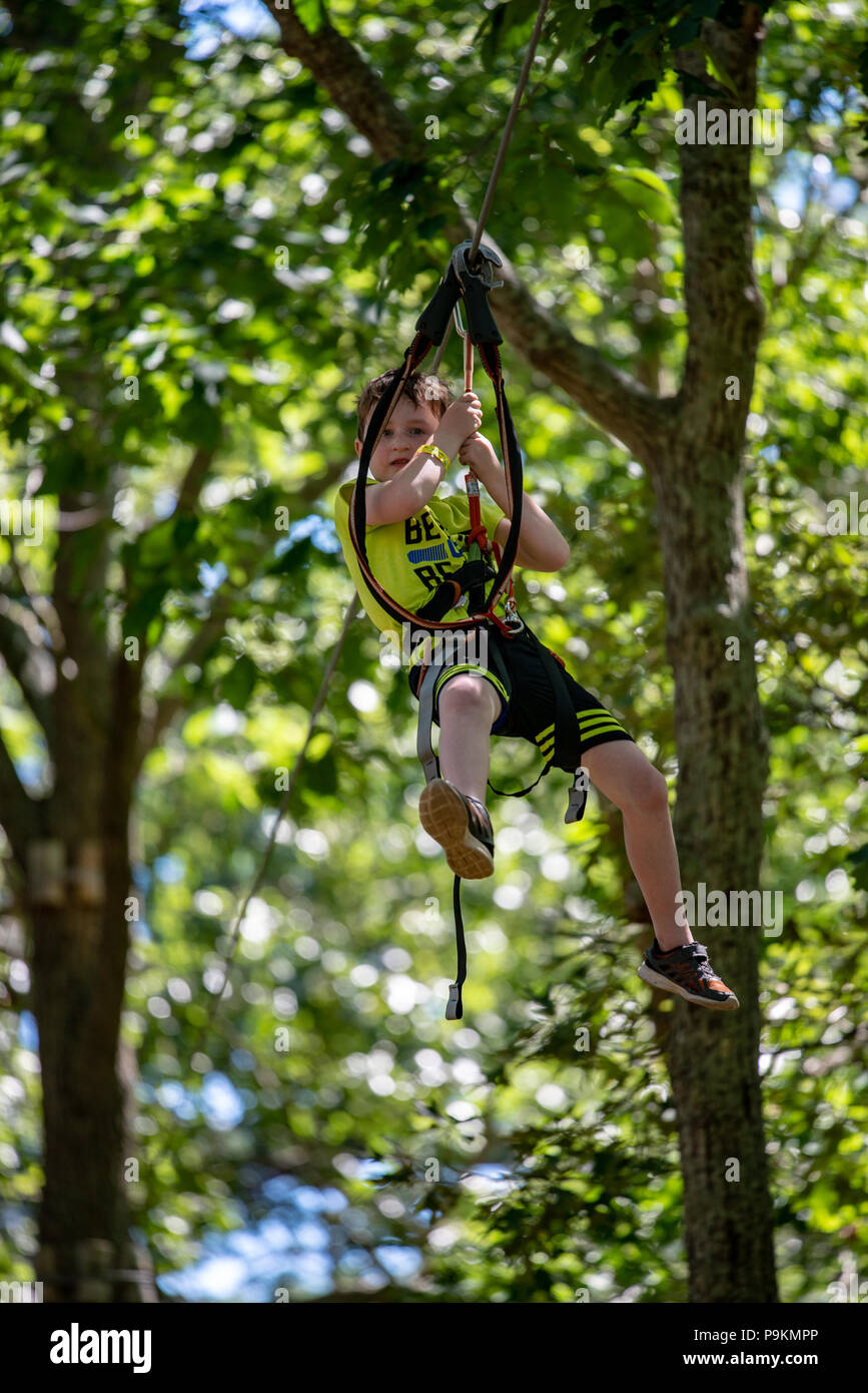 Portrait von ein schöner Junge auf einem Seil zwischen Bäumen. Kinder Aktivitäten im Sommer. Stockfoto