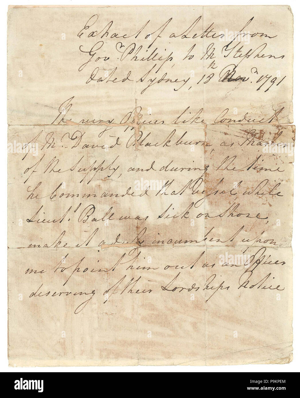 292 SLNSW 820577 Kopiert Auszug aus einem Brief von Gouverneur Phillip zu Herr Stephens lob Blackburn 18 Nov 1791 Stockfoto
