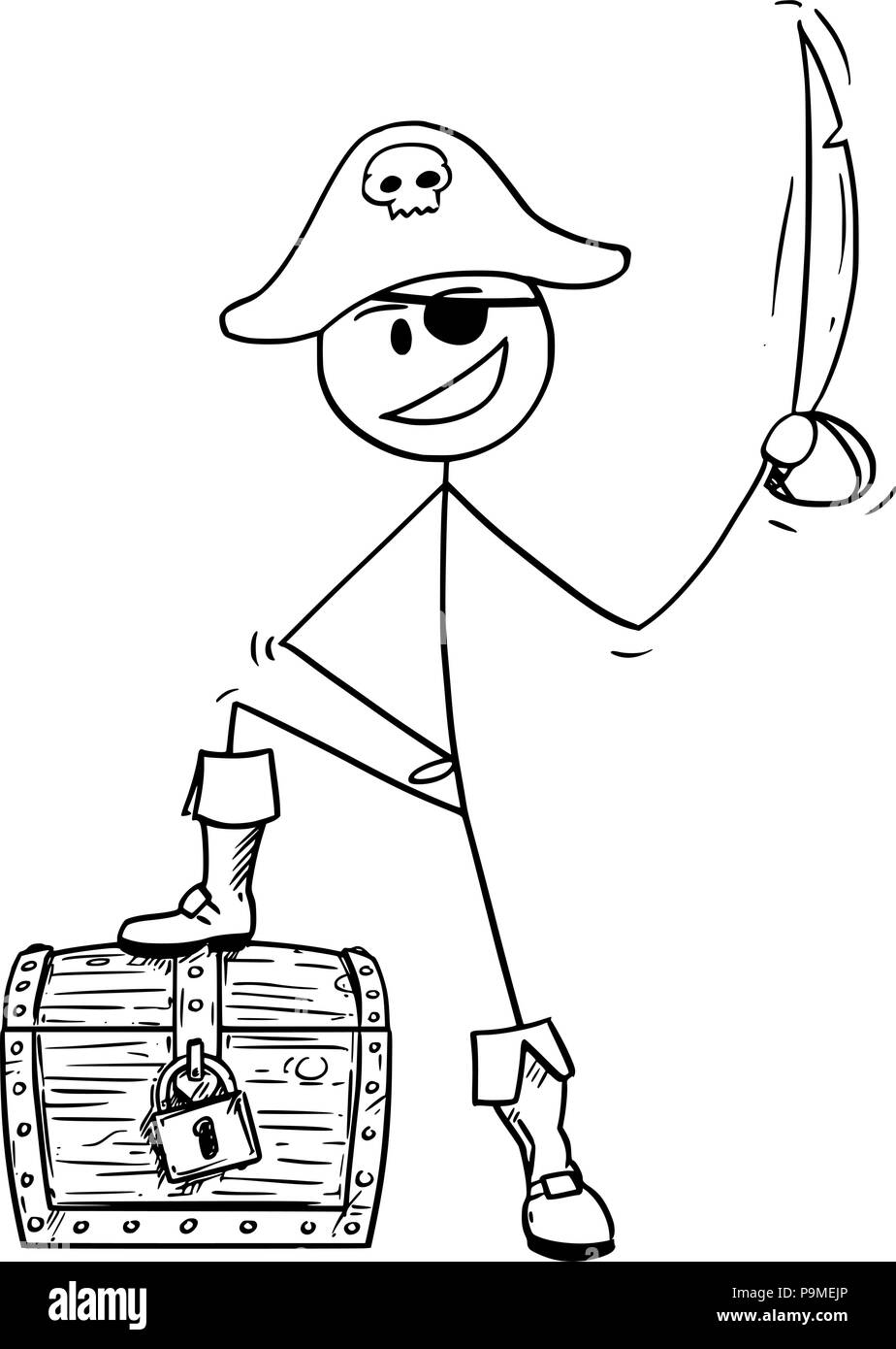 Cartoon von Pirat mit Säbel und Schatztruhe Stock Vektor