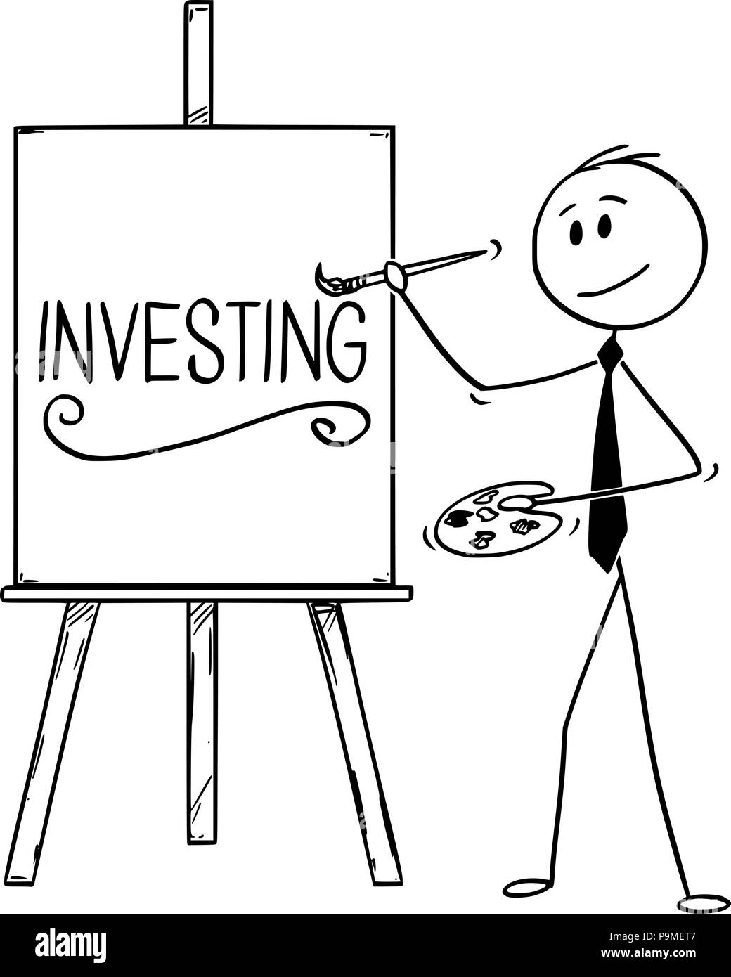 Cartoon von Geschäftsmann Artist mit Pinsel und Palette und Schreiben Wort investieren auf Leinwand Stock Vektor