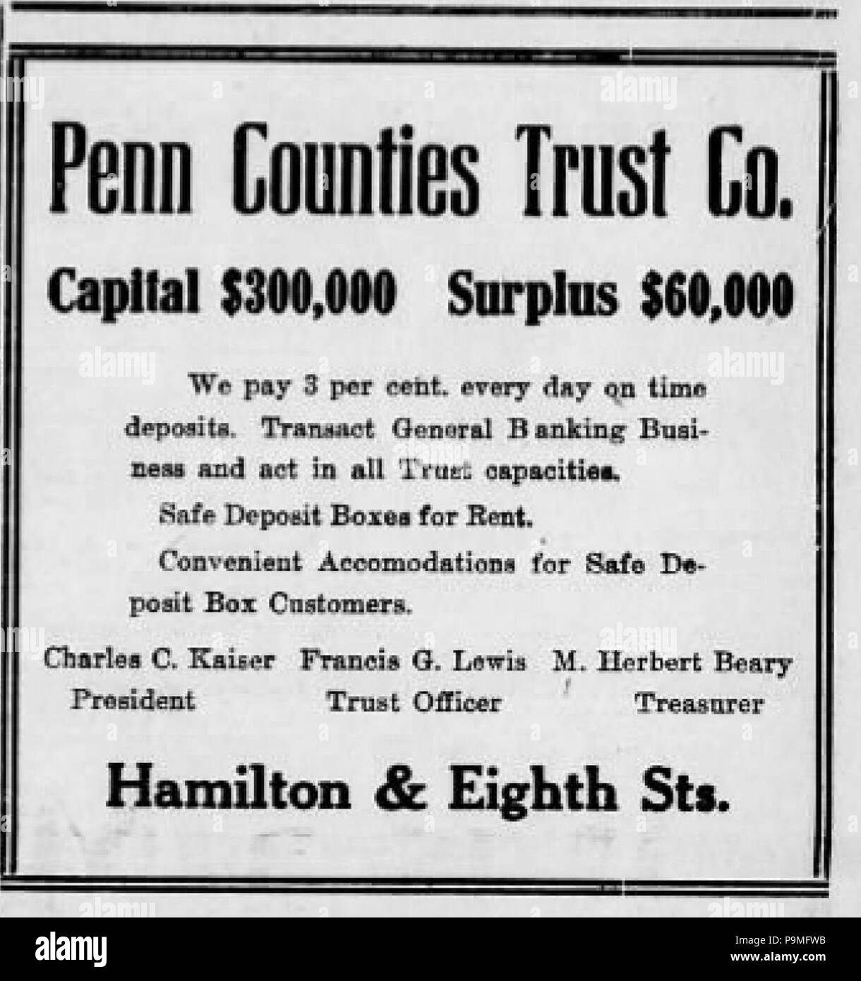 33 1914 - Penn Grafschaften Treuhandgesellschaft Zeitung Anzeige 2 Allentown PA Stockfoto