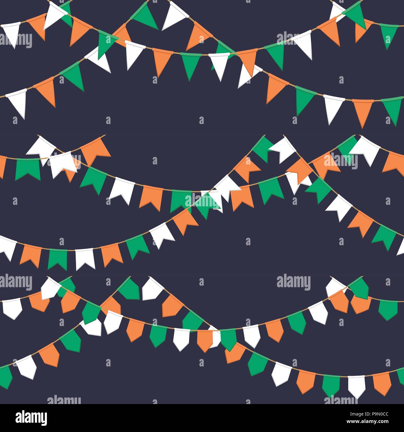 Eingestellt von Garland mit Feier Flaggen Kette, grün, weiß, orange Fähnchen auf dunklem Hintergrund, Fußzeile und Banner für Feier Stock Vektor