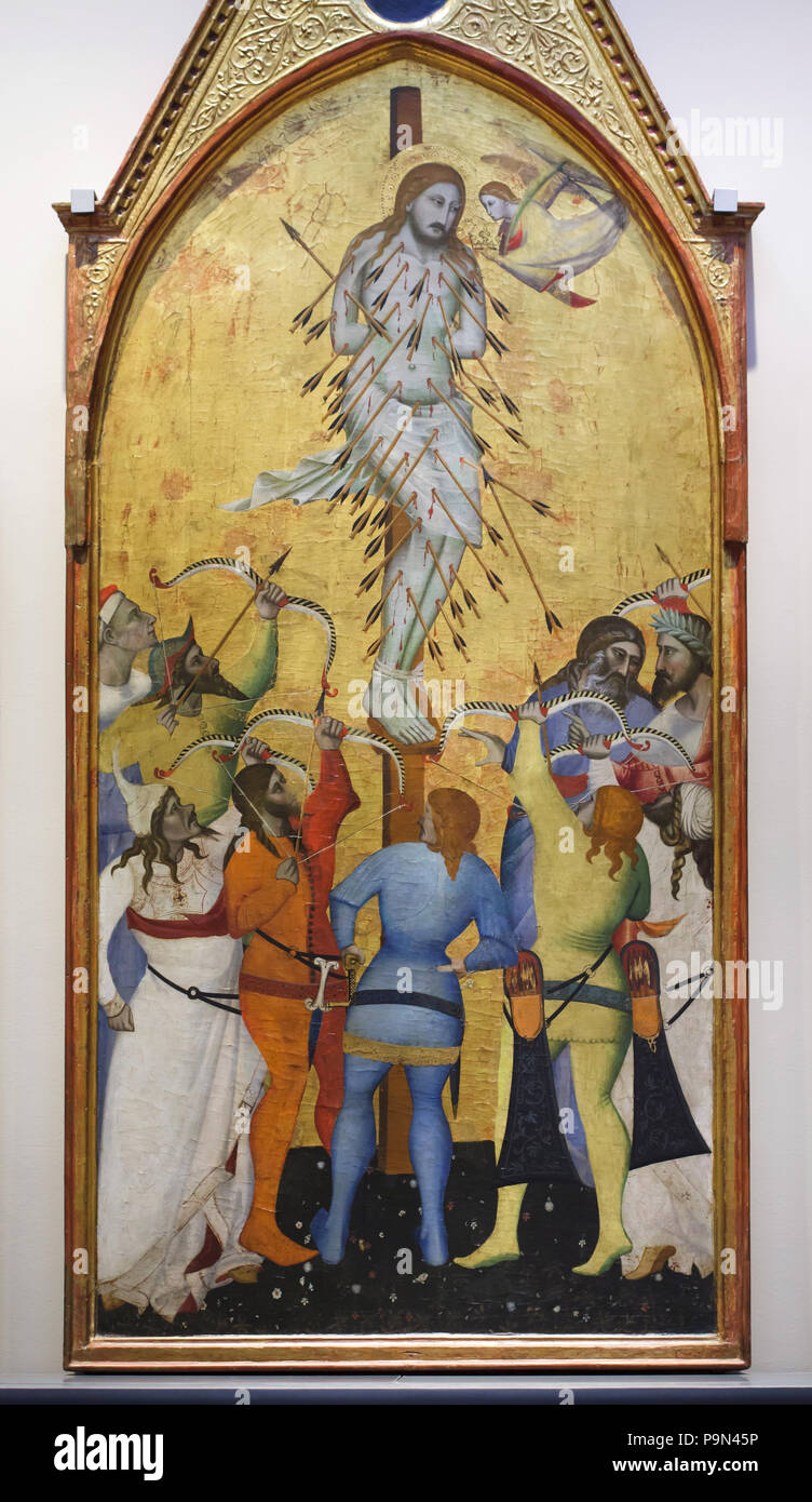 Malerei das Martyrium des Heiligen Sebastian zum Italienischen früh - Renaissance Maler Giovanni del Biondo aus dem dritten Viertel des 14. Jahrhunderts datiert auf Anzeige im Museo dell'Opera del Duomo (Museum der Werke der Dom von Florenz) in Florenz, Toskana, Italien zugewiesen. Stockfoto