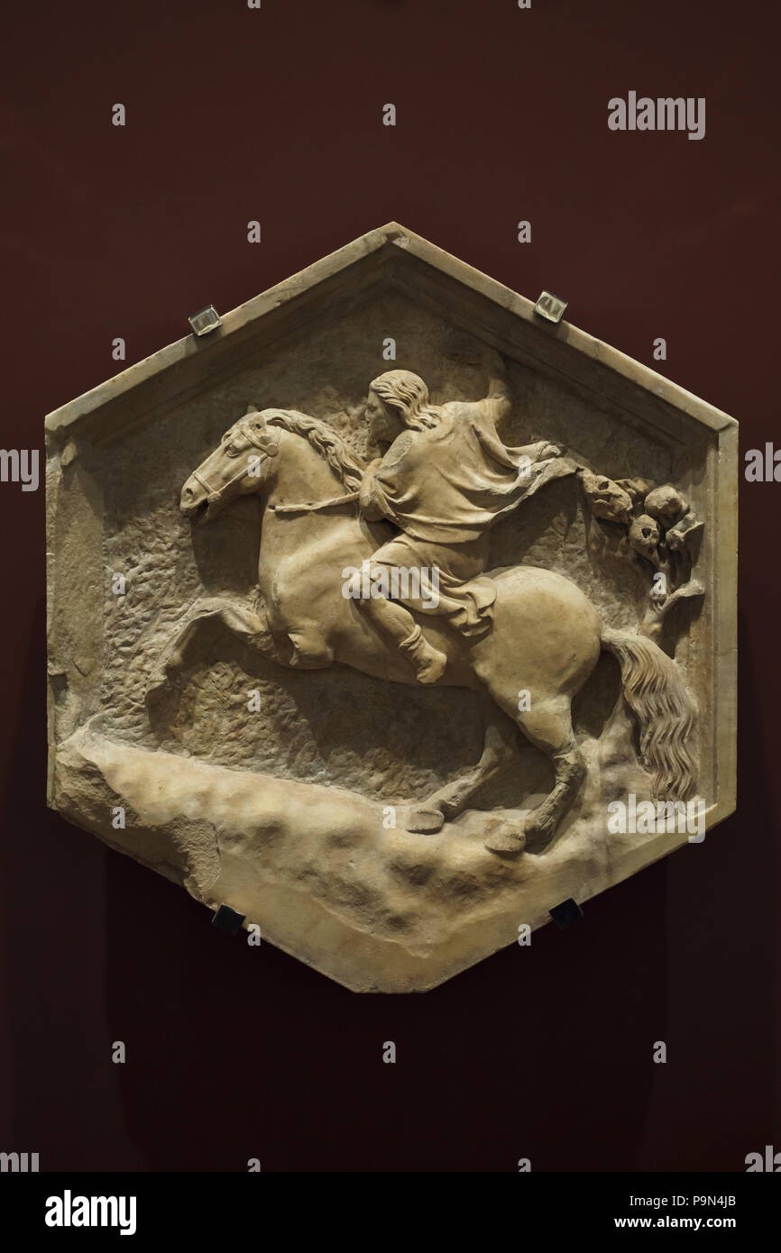 Reiten in der Hexagonalen Relief dargestellt durch die italienische Renaissance Bildhauer Andrea Pisano (1348-1350) aus der Giotto Campanile (Campanile di Giotto), nun im Museo dell'Opera del Duomo (Museum der Werke der Dom von Florenz) in Florenz, Toskana, Italien. Stockfoto