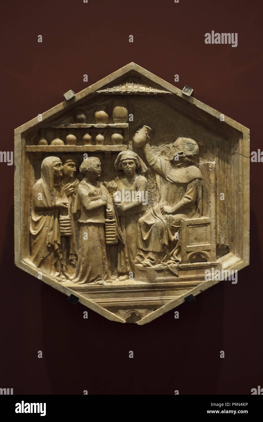 Allegorie der Medizin in der sechseckigen Relief dargestellt durch die italienische Renaissance Bildhauer Andrea Pisano und Assistenten (1343-1348) aus der Giotto Campanile (Campanile di Giotto), nun im Museo dell'Opera del Duomo (Museum der Werke der Dom von Florenz) in Florenz, Toskana, Italien. Stockfoto