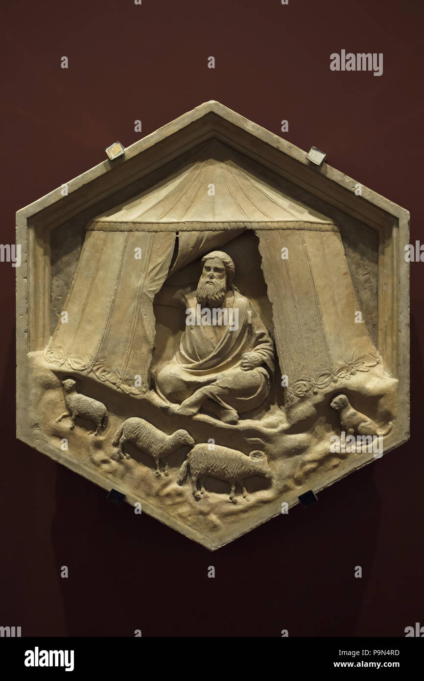 Jabal als Personifizierung der Anfang in der Hexagonalen Relief dargestellt sheepherding der italienischen Renaissance Bildhauer Andrea Pisano (1334-1343) aus der Giotto Campanile (Campanile di Giotto), nun im Museo dell'Opera del Duomo (Museum der Werke der Dom von Florenz) in Florenz, Toskana, Italien. Stockfoto