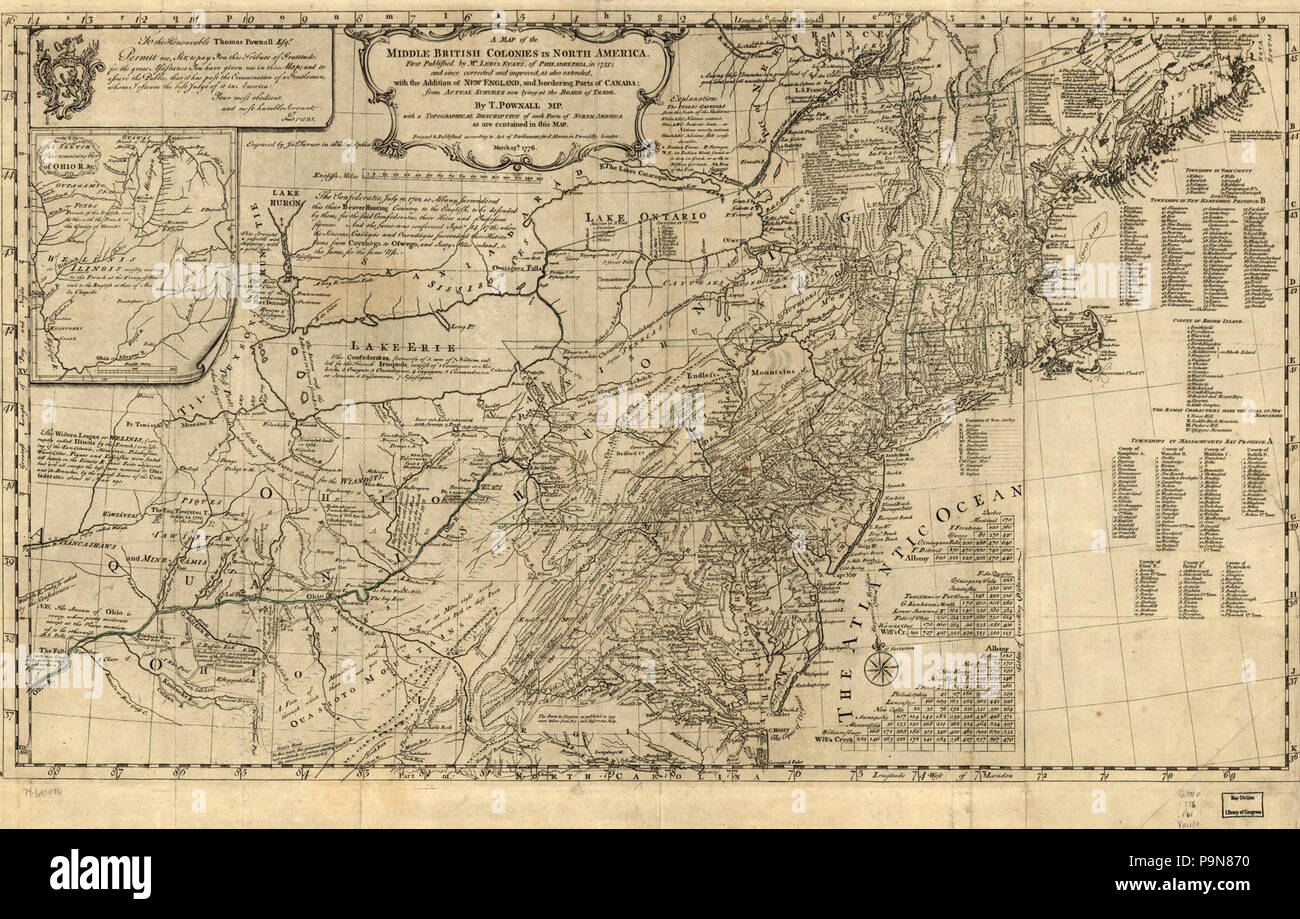 Eine Karte des Nahen britischen Kolonien in Nordamerika. Zuerst von Lewis Evans, von Philadelphia veröffentlicht, 1755; und da korrigiert und verbessert, als auch erweitert, mit dem Zusatz von New England, Stockfoto