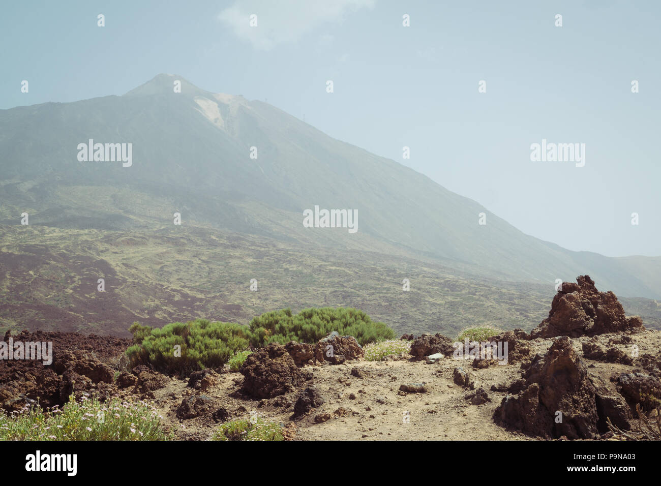 Vulkan Teide auf Teneriffa durch den Dunst und Sand von La Calima mit trockenen Buschland und Lava Felsformationen in der Landschaft versteckt Stockfoto