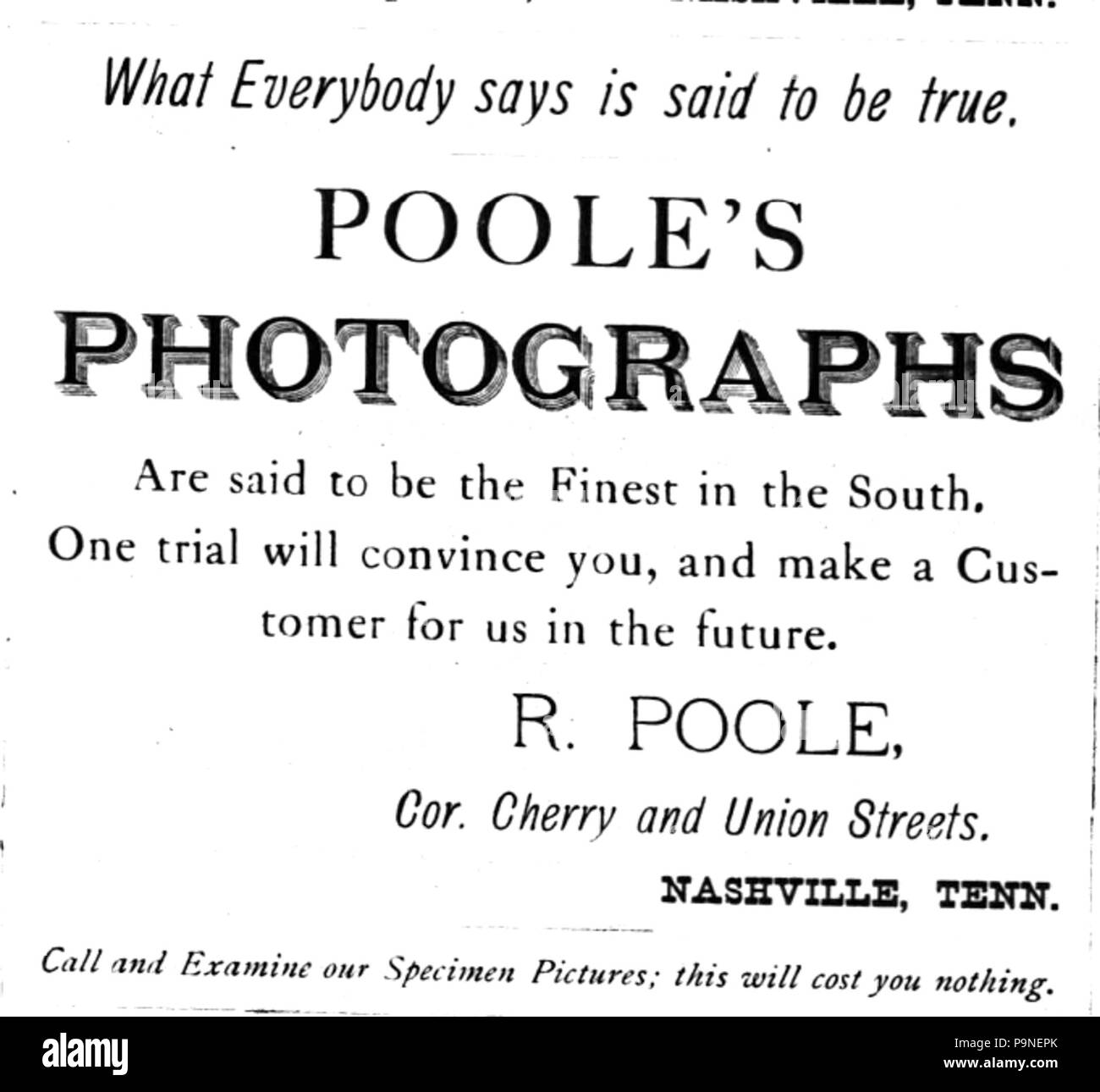 20 1876 Poole Fotograf advert Nashville, Tennessee Stockfoto