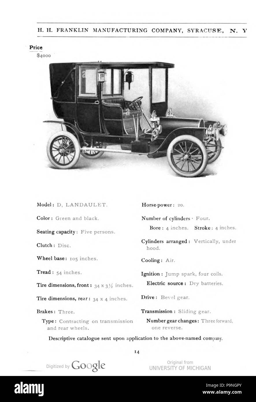 28 1907 Franklin Typ D Landaulet Katalog Stockfoto