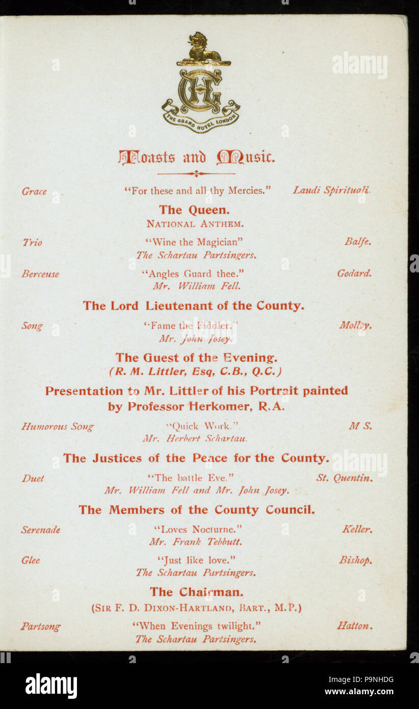 180 Bankett für R. M. KLEINERES (Besitz) DIE FRIEDENSRICHTER FÜR DIE GRAFSCHAFT MIDDLESEX UND MITGLIEDER DER COUNTY COUNCIL von MIDDLESEX (at) "MARMOR SALON, GRAND HOTEL, LONDON" (ausländische ;) (NYPL Hades -271073-4000004428) Stockfoto