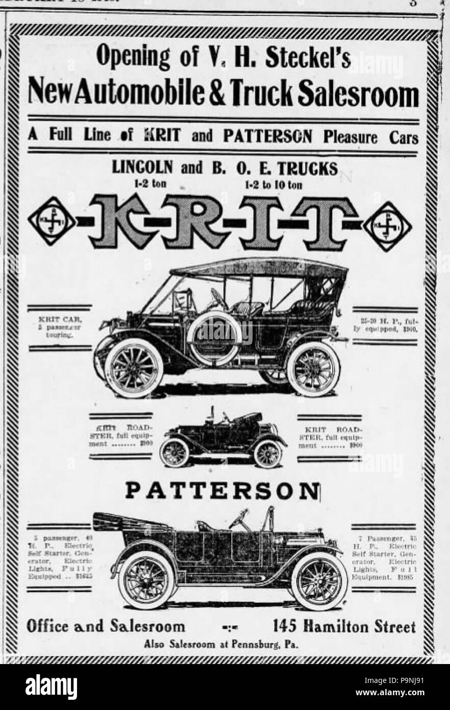 32 1913-V H Steckel Automobile Company Zeitung Anzeige Allentown PA Stockfoto