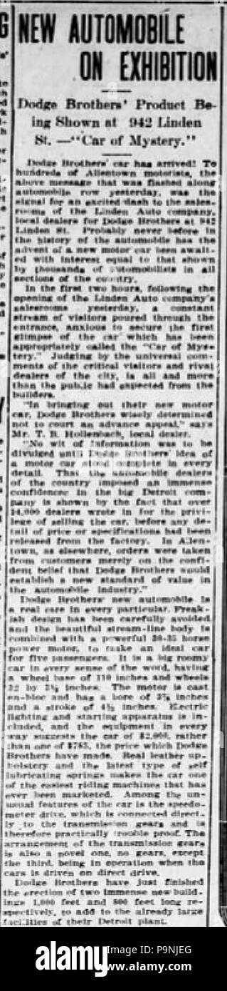 34 1915 - Linden Auto Firma Zeitung Anzeige Allentown PA Stockfoto