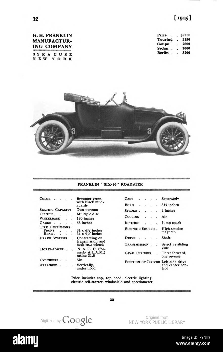 34 1915 Franklin sechs-30 roadster Katalog Stockfoto