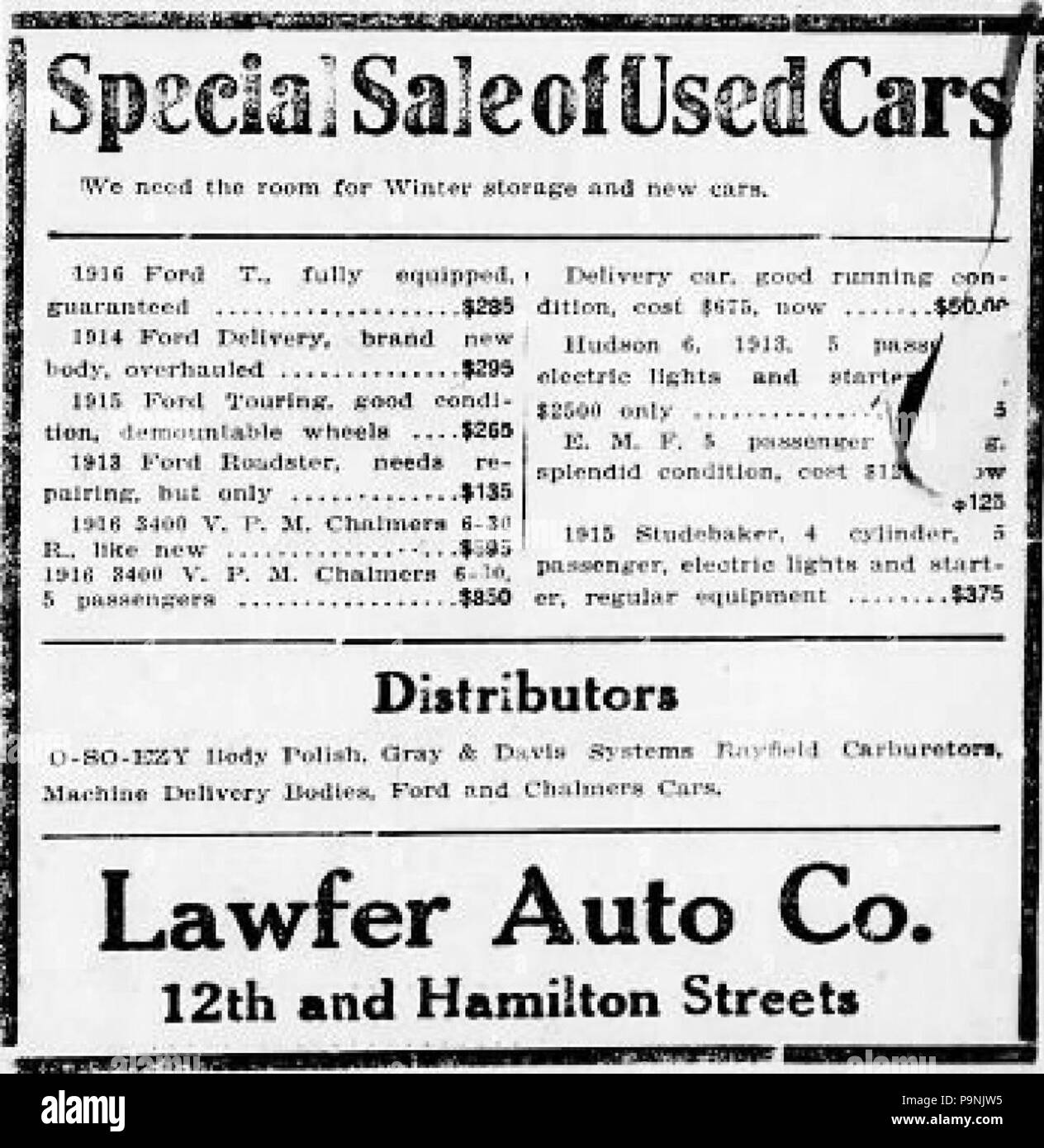 35 1916 - Lawfer Auto Firma Zeitung Anzeige Allentown PA Stockfoto