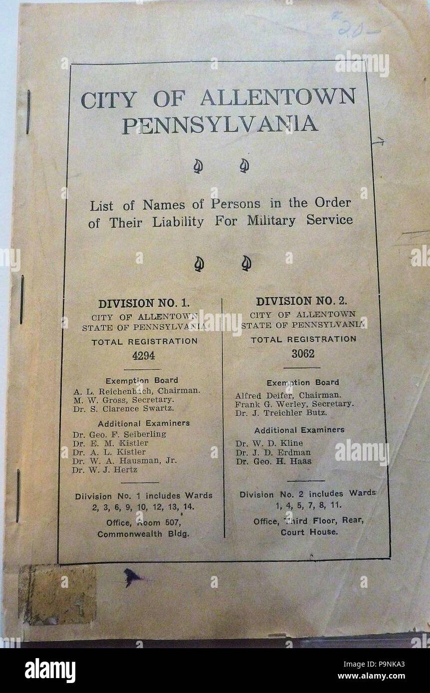 36 1917 - Liste der Namen der Eligibile für den Militärdienst - Allentown PA Stockfoto