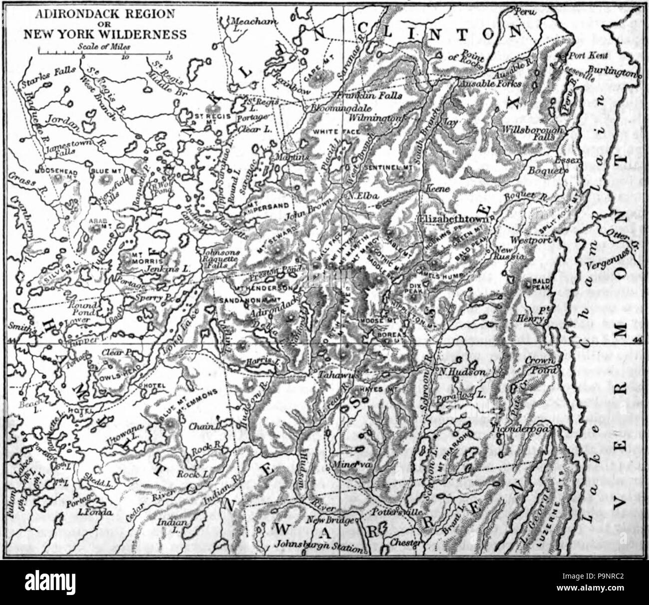 . Englisch: Holzschnitt, der eine Karte der Adirondacks. veröffentlicht 1879 121 AmCyc Adirondack Mountains - Karte Stockfoto