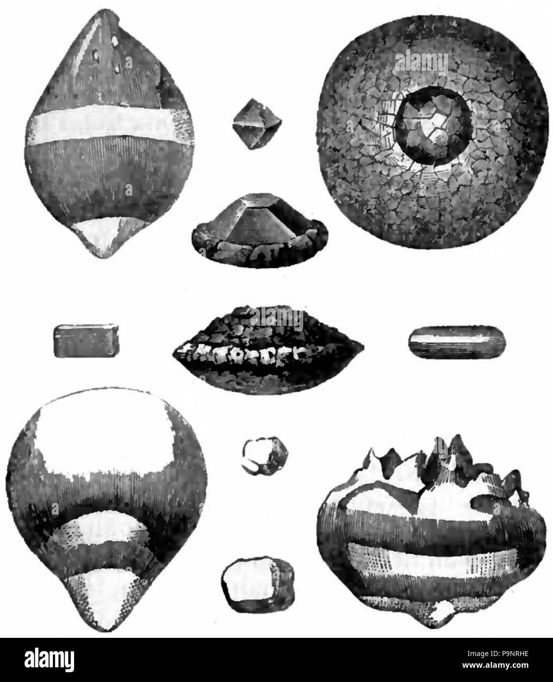 . Zeichnung von unterschiedlichen Formen der Hagel (Niederschlag). veröffentlicht 1879 122 AmCyc Hagel Stockfoto