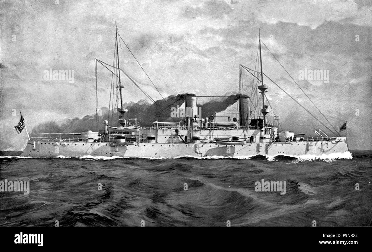 . Malerei der USS Olympia, das Flaggschiff von Admiral George Dewey USN an der Bucht von Manila während des Spanisch-Amerikanischen Krieges. 1900 143 Appletons' Dewey George - Olympia (Malerei veröffentlicht) Stockfoto